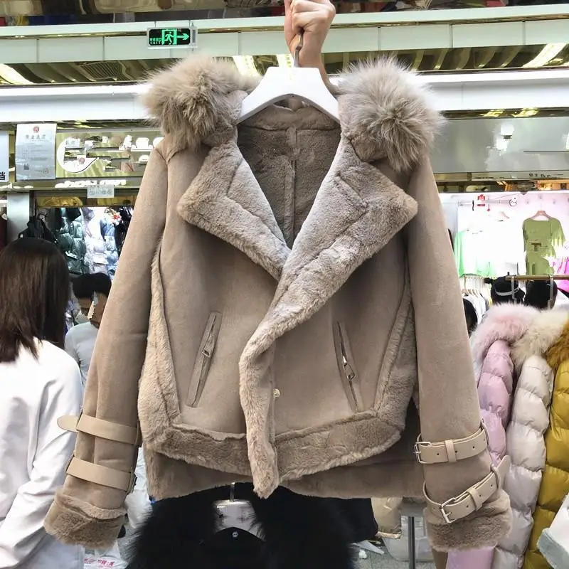 

Winter Lamb Wool Blends Coat Short Women Thick Motorcycle Suede Leather Jackets Ladies Warm Biker Jacket