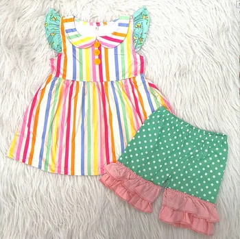 

Toddler clothes sets flutter sleeve stripe tunic ruffle shorts outfits baby girls ready to ship outfits children summer designs