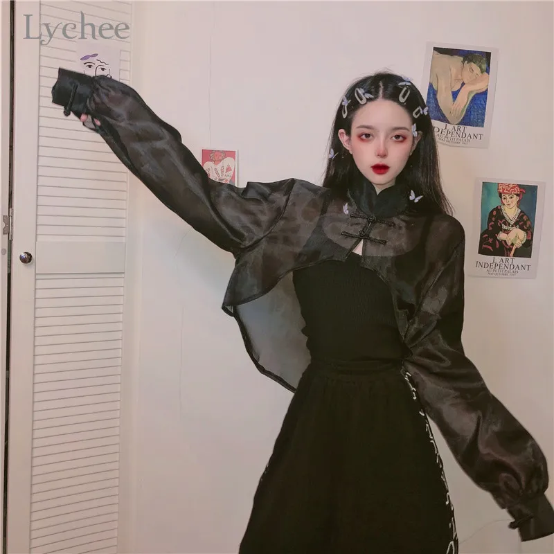 Lychee Harajuku сетчатая свободная транспортная женская рубашка прозрачная Пряжка женская блузка рубашка с длинным рукавом Женские блузки рубашки