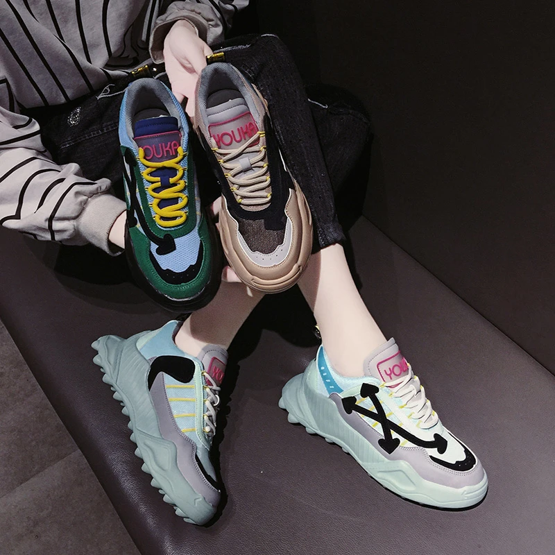 Женские кроссовки; Новинка года; Корейская версия; Harajuku Avantgarde; разноцветная дышащая женская обувь на танкетке; buty damskie