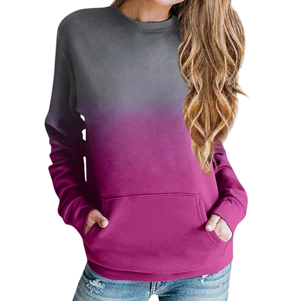 

Women Sweatshirts Hoodies Fashion Sweatshirt Print O Neck Gradient Color Pocket Long-sleeved Casual 2020 Autumn Blouse Pullovers