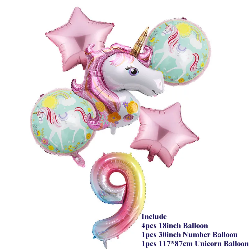 9 6pcs/lot Unicorn Balloon Rainbow Gradient 32 inch Number 1 2 3 4 5 6Th Boy and Girl Birthday Wedding Party Balloons Decorations - Цвет: 9
