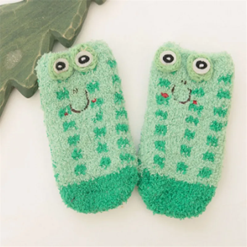 Детские носки с животными, милые носки с объемной вышивкой для новорожденных девочек зимние теплые шерстяные носки для мальчиков нескользящие носки с резиновой подошвой для малышей - Цвет: Frog