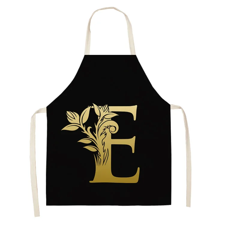 Customized Letter Apron Black Golden Flower Kitchen Aprons for Women Cotton Linen Bibs Household Cleaning Pinafore Home Cooking