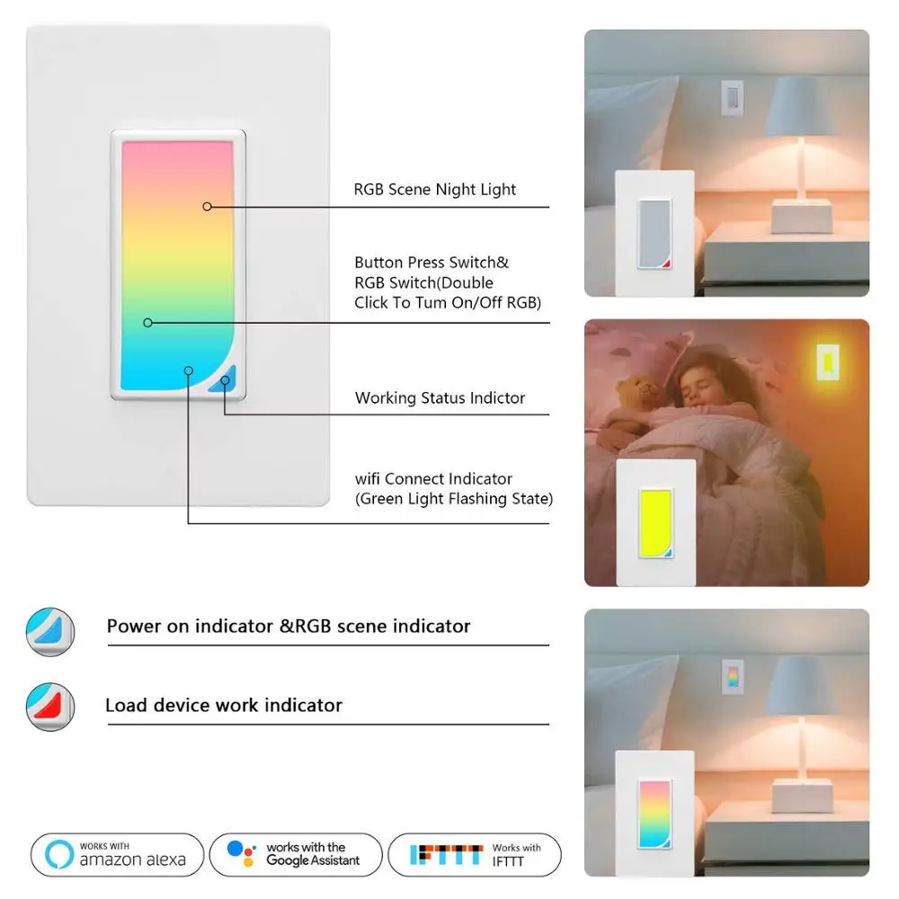 SUPLO US Wifi RGB LED Scene Light Smart Light Switch Wall Switch Wireless Smart Switch AC100-240V 1100W APP Control