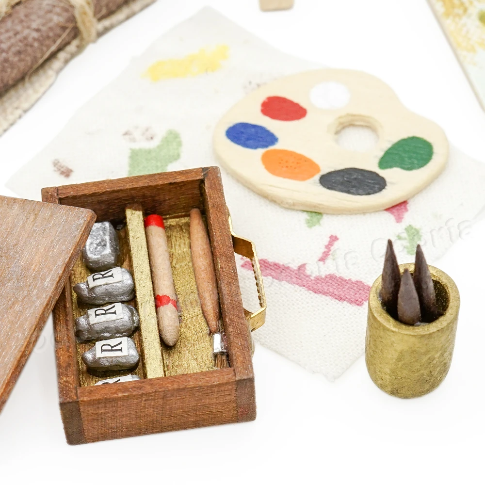 6 Pieces 1:12 Miniature Dollhouse Accessories Painting Tool Set Wooden  Easel Dollhouse Furniture Decoration Miniature Palette Watercolor Box Easel