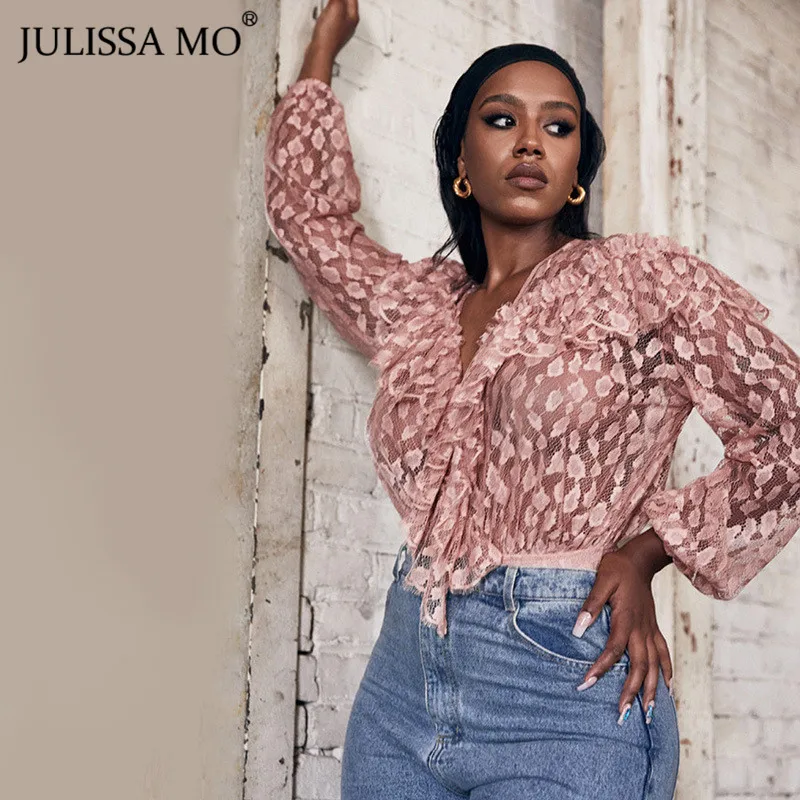 Julissa mo, элегантное Кружевное боди с оборками, женские сексуальные комбинезоны с v-образным вырезом, женские комбинезоны, розовые женские топы, вечерние комбинезоны