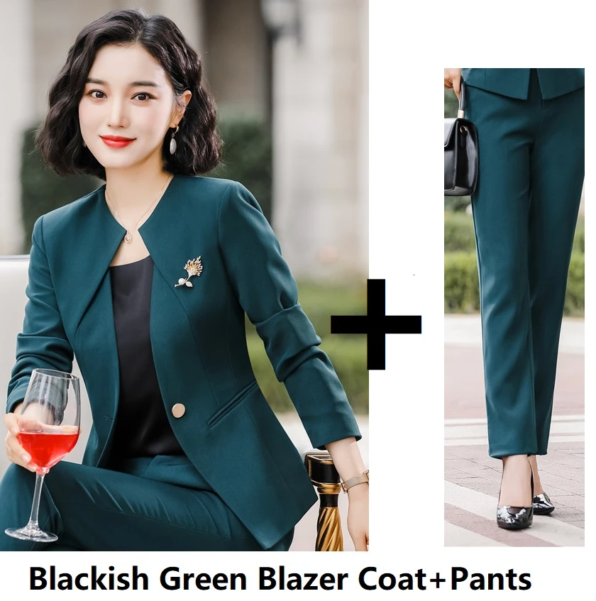 Blackish Green Униформа, дизайн, брючные костюмы с брюками и курткой, пальто, OL стили, Женская деловая рабочая одежда, профессиональный костюм с пиджаком - Цвет: Blackish Green