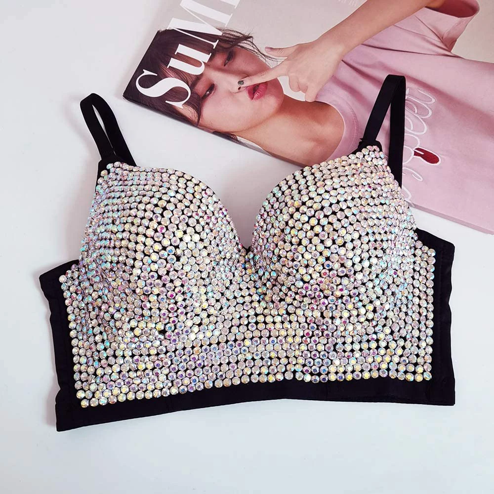 Sexy espartilho strass bustier colheita topo rave