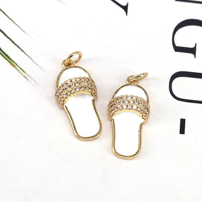 10Pcs Wholesale Slipper Hip Hop Pendant, Shiny Gold-color cz zircon Pendant, Enamel Slipper Charm Pendant DIY Jewelry Making