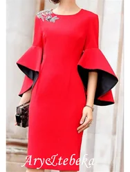 Sheath / Column Mother of the Bride Dress Plus Size Jewel Neck Knee Length Satin Half Sleeve with Appliques Split Front Ruching