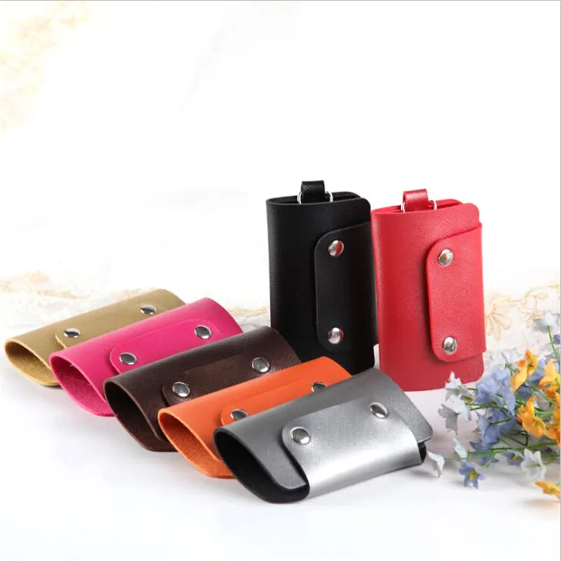 Portable Leather Key Holder Car Keychain Bag Case Unisex Wallet Cover Simple Solid Color Storage Bag