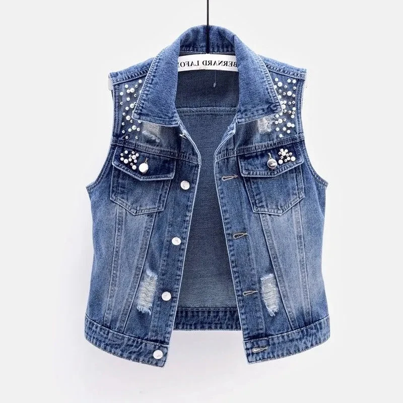 JMPRS Denim Women Vest Luxury Pearls Fashion Ripped Autumn Plus Size Jeans Jacket Sleeveless Loose Short Coat Causal Waistcoats white puffer