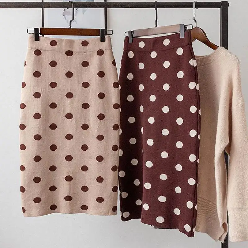 Осенне-зимняя Корейская вязаная юбка в горошек, Женская эластичная юбка с высокой талией, Раздельный чехол для вилок, женская юбка, Faldas Mujer Moda