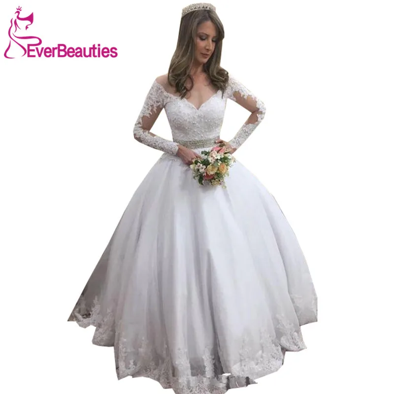 

Robe De Mariee Wedding Dresses V-Neck Tulle Appliques Long Sleeves Vestido De Noiva Bride Dress Long Bridal Gowns