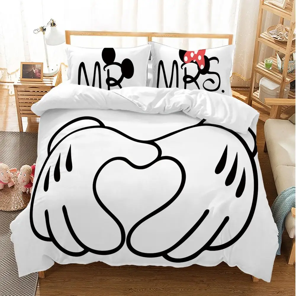 Black and white Cartoon Mickey Minnie Bedding set Bedclothes Duvet Cover Pillowcase Print Home Textile Bed Linens Children gift