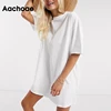 Aachoae-Vestido corto informal holgado de algodón con manga corta para mujer, minivestido básico de 100% liso con manga de murciélago y cuello redondo ► Foto 2/6