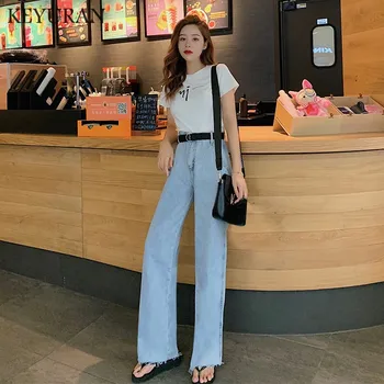 

Hot Womens High Waist Jeans Wide Leg Loose Fit Leisure Vogue Denim Full Length Straight Casual Mopping Jeans Spring Autumn