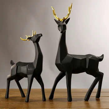 

2Pcs/lot 43cm Modern Abstract Black White deer figures model Sculpture Geometric Resin elk Statue Crafts Ornament TV cabinet