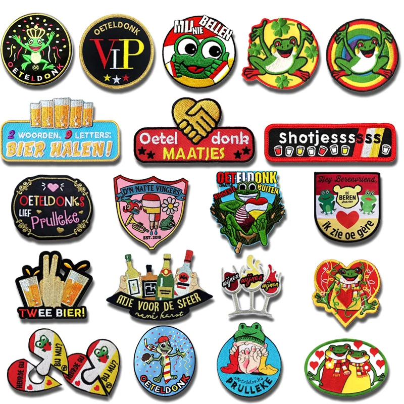 

Eindhoven Oeteldonk Emblem Full Embroidered Frog Carnival for Netherland Iron on Patches For Clothes Stripe Embroidered Patches