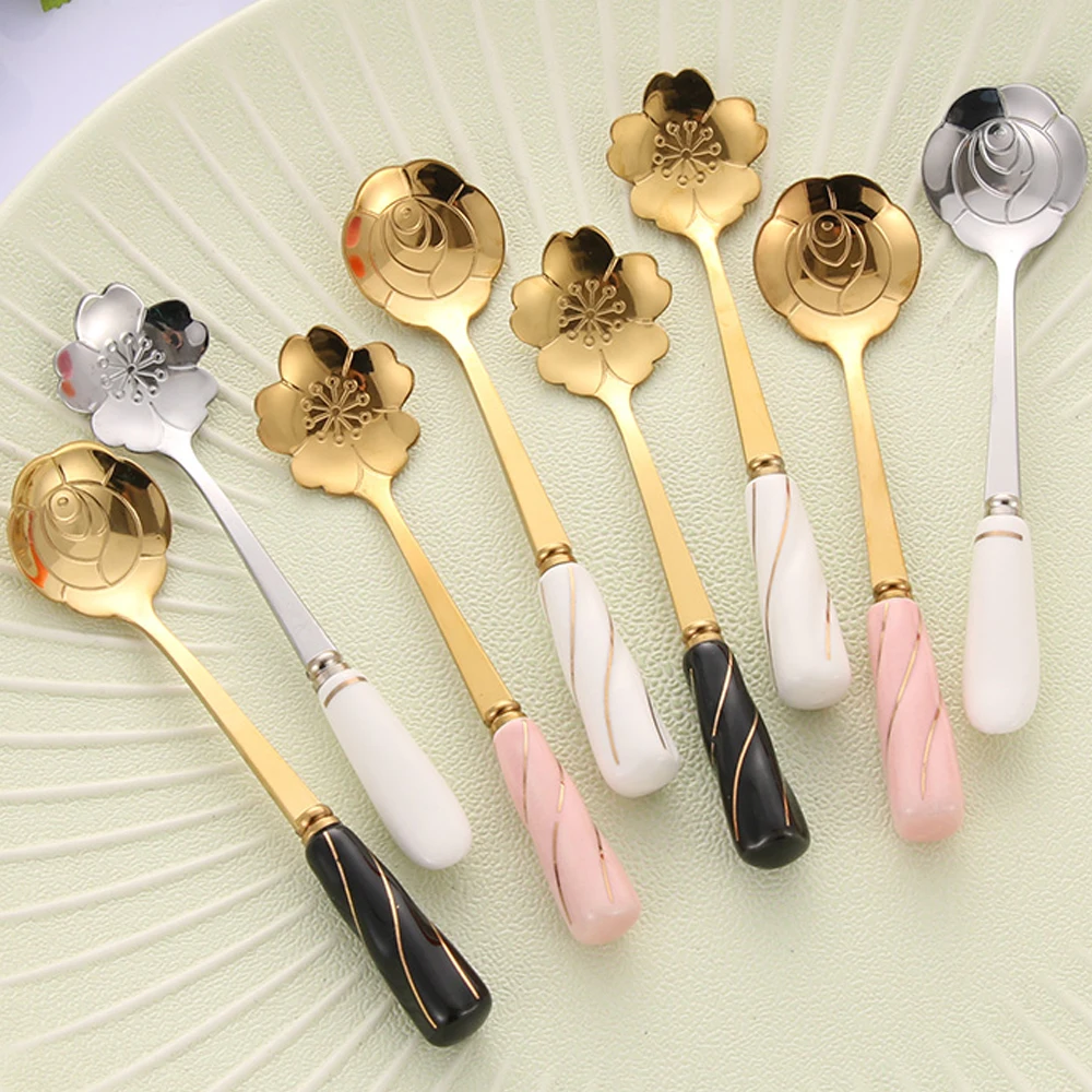 Cherry Blossom Rose Flower Creative Flatware Spoon Gold-Plated Ceramic Handle Spoons Coffee Stirring Scoops Home Tableware | Дом и сад