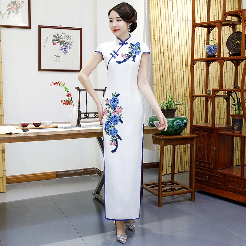 Белое Женское длинное платье Cheongsam с вышивкой, короткие рукава, вечерние платья, свадебное банкетное элегантное бальное роскошное бальное платье, Vestido XS-3XL