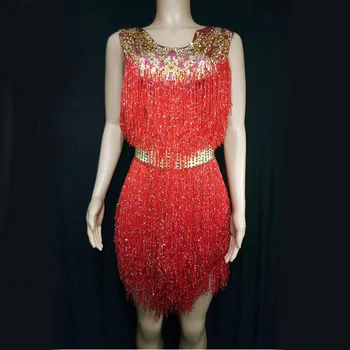 

Red Fringe Gold Rhinestones Short Dress Lady Birthday Celebration Prom Crystal Backless Outfit Evening Party Dancer Dresses