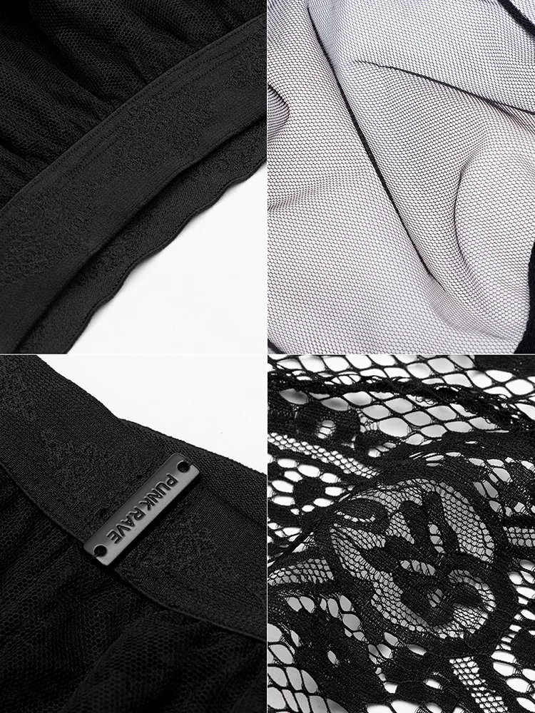 PR Punk Romantic Gothic Embroidery Lace Irregular Black Skirt Female Autumn Mesh Skirt In The Long Section