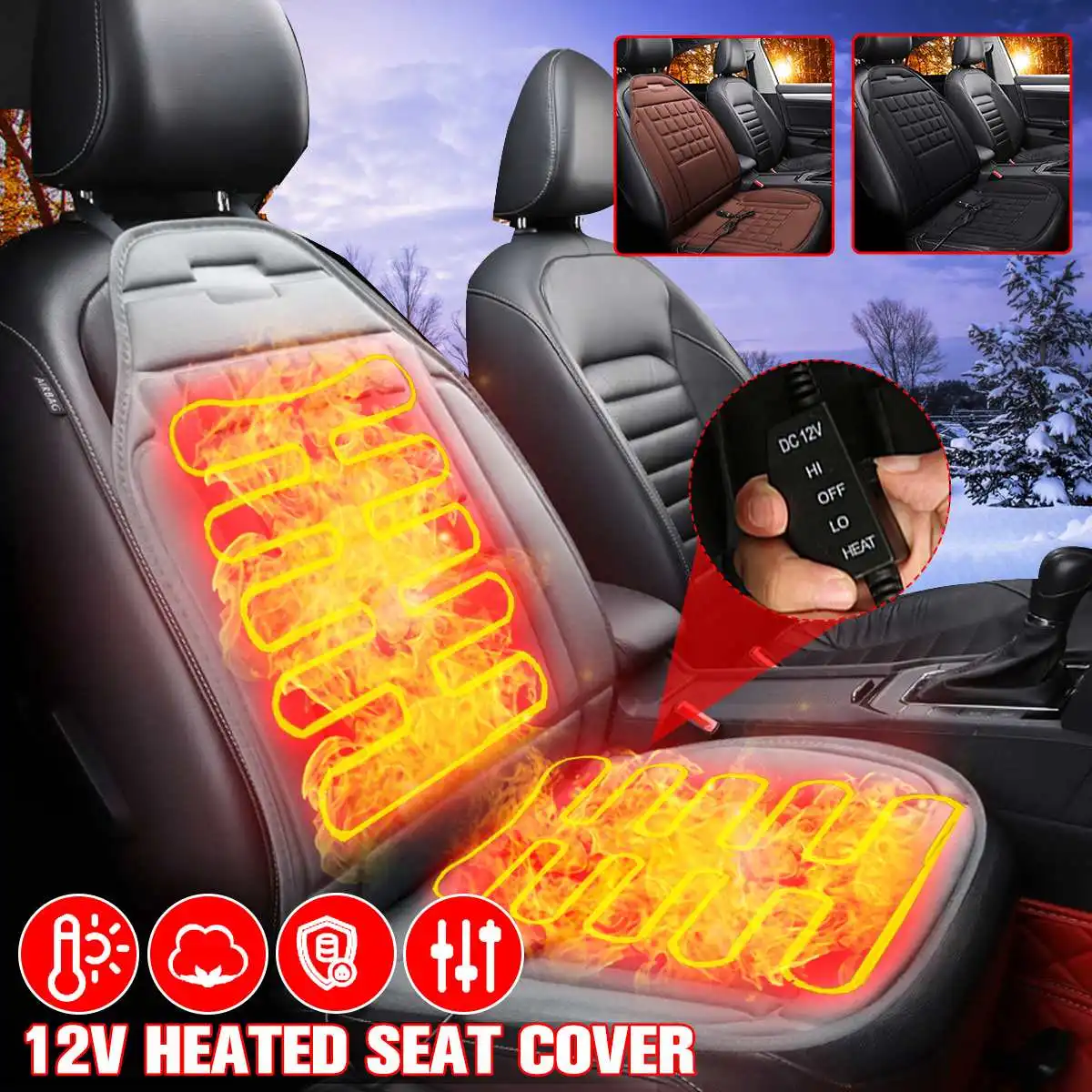 Comprar 12V Universal asiento delantero del coche caliente espesamiento funda de cojín calentador de invierno calentador de calefacción eléctrica almohadilla negra 1 unid 2 uds