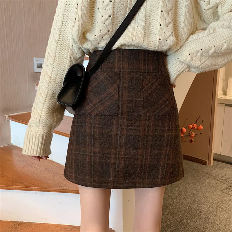 Dark brown Винтажные клетчатые мини юбки, Осень-зима, высокая талия, юбка-карандаш, шерсть, юбки трапециевидной формы, корейский стиль, облегающие, сексуальные, с карманами, на молнии, W033 - Цвет: Dark brown