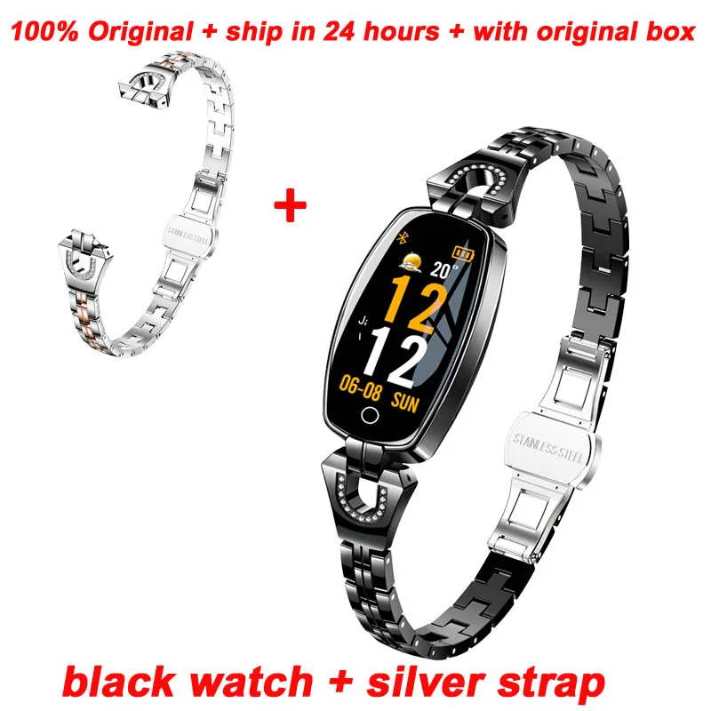 Модные Смарт-часы Greentiger H8, женские, для занятий фитнесом, водонепроницаемые, пульсометр, кровяное давление, умный Браслет - Цвет: black add silve stap