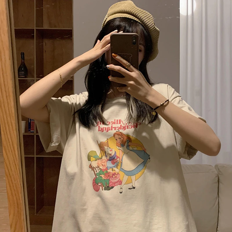 

Retro Cartoon Print Ins Tshirt Women's T-shirts Tops Japanese Kawaii Ladies Ulzzang Female Korean Harajuku Clothes For Women