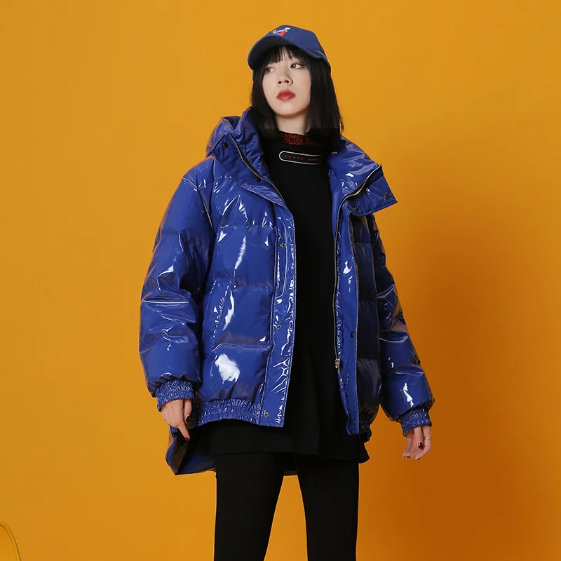Зимняя новая Яркая блестящая Хлопковая женская Свободная куртка негабаритная теплая куртка пушистая хлопковая куртка в стиле хлеба F246