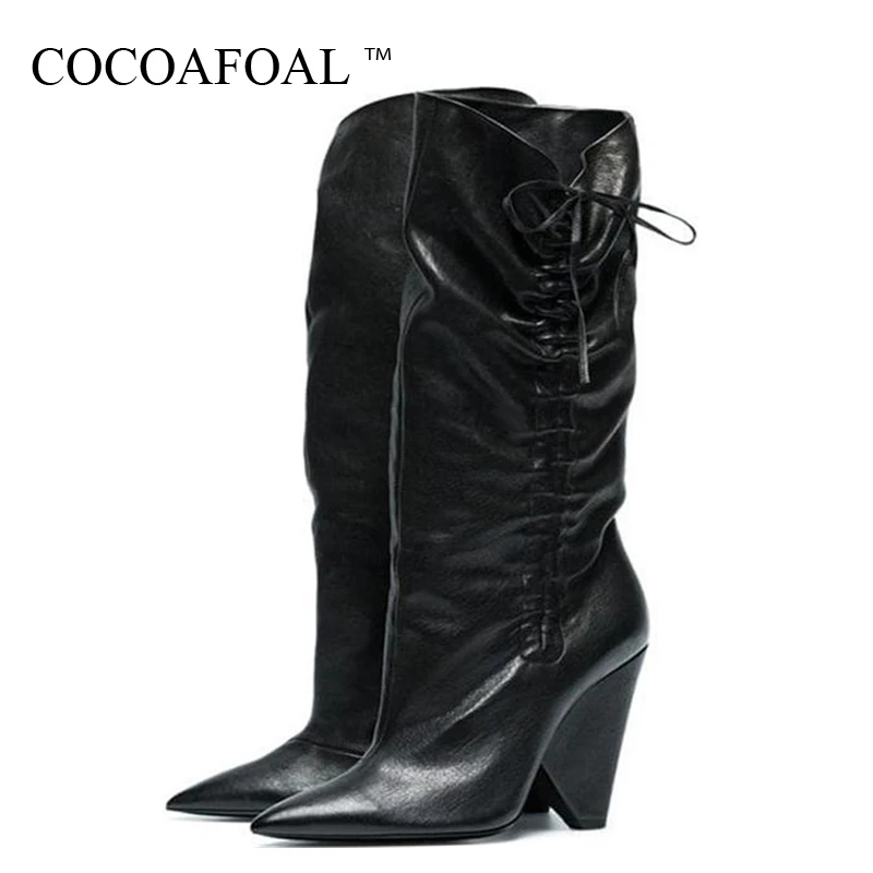 COCOAFOAL женские сапоги до колена женские сапоги на высоком каблуке модная пикантная обувь до середины икры черные сапоги до колена со складками и острым носком
