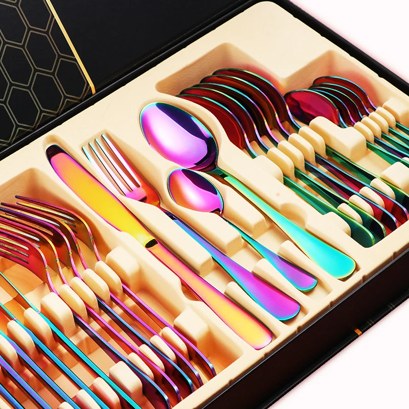 

24 PCS Rainbow Tableware Non-fading Flatware Set Cutlery Stainless Steel Dinnerware Set Colorful Hotel Party Kitchen Gift Box