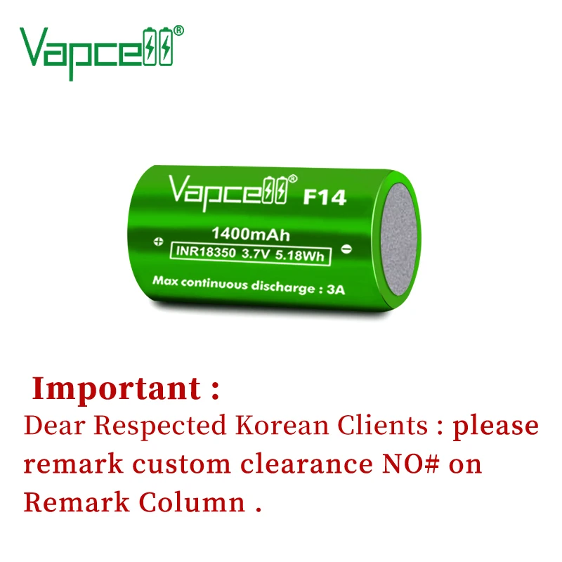 Аккумуляторная батарея Vapcell INR 18350 F14 перезаряжаемая литий-ионная 1400 мАч 3 А 7 в для