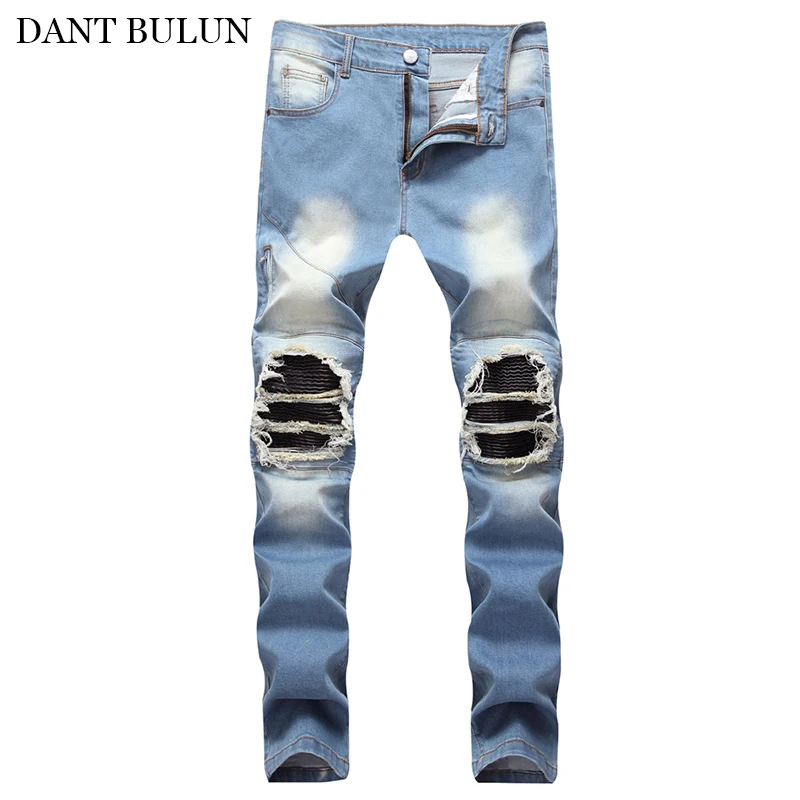 

Men Stretch Skinny Jeans Male Designer Elastic Pants Ripped Hole With Pleaed Patch Trousers High Street Denim Jeans Men Hip Hop