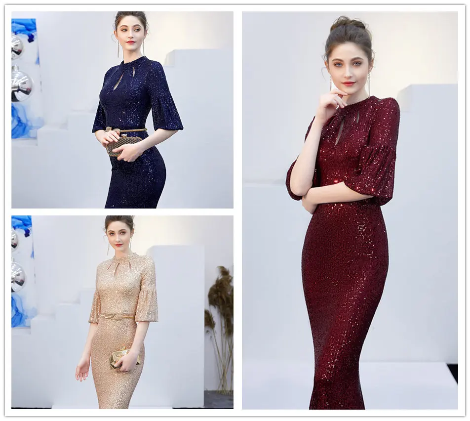 Длинные вечерние платья размера плюс Robe De Soiree DX266-2 цвета шампанского золота с круглым вырезом женское вечернее платье с блестками элегантное платье русалки