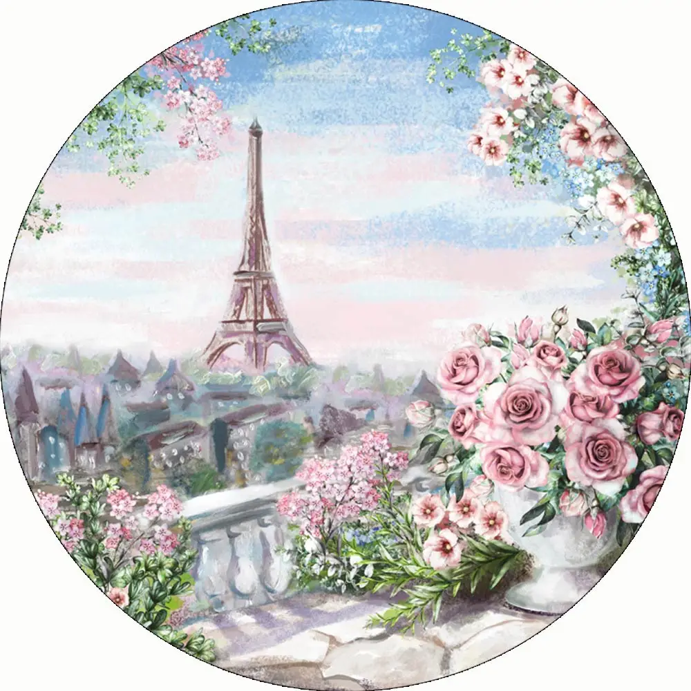

Eiffel Tower Wedding Round Backdrop Rose Vintage Painting Valentine's Day Bridal Shower Photocall Boda Circle Cover