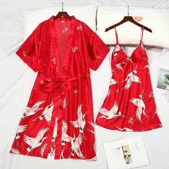 

Satin Wedding Robe Set Crane Print 2PCS Sleepwear Women Kimono Gown Silky Nighty&Robe Set Female Casual Sleep Set Home Wear