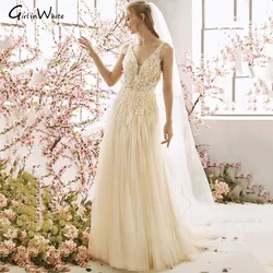 Romantic Lace Appliques Wedding Dress Tank Sleeve Backless Sexy Deep V Neck Bridal Gowns Princess Bride Dress Robe De Mariée