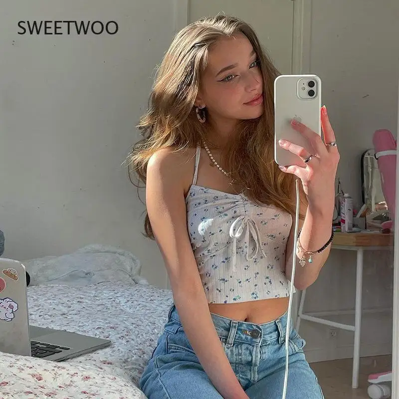 

Sexy Halter T-Shirt Women's Halter Floral Print Lace Sleeveless Sling Top Ladies Sweet Little Fairy Tank Top Streetwear Clothes