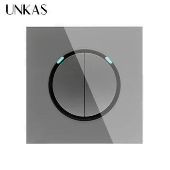 

UNKAS 2 Gang 1 Way Random Click On / Off Wall Light Switch With LED Indicator Knight Black Crystal Tempered Glass Panel