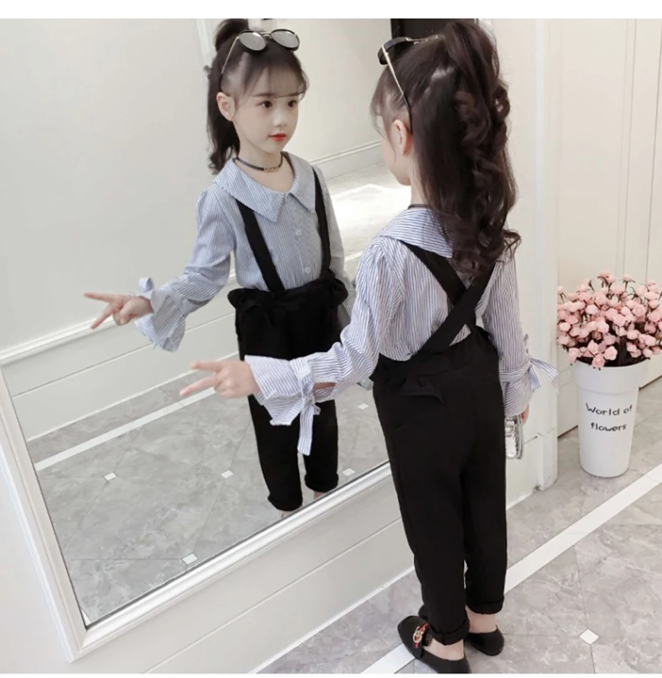 Kids Clothes Girls Striped Shirt& Jumpsuit Girl Clothes Patchwork Overalls Girl Suits Fall Fashion Children's Suit 6 8 10 12 14