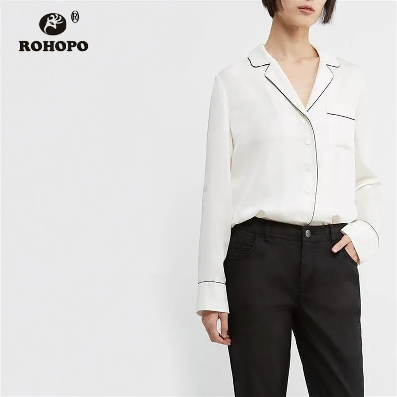 

ROHOPO High Low Lapel collar Long Sleeve Chiffon White Grown White Blouse Welt Pockets Discover Thread Edge Line Blusa #9220