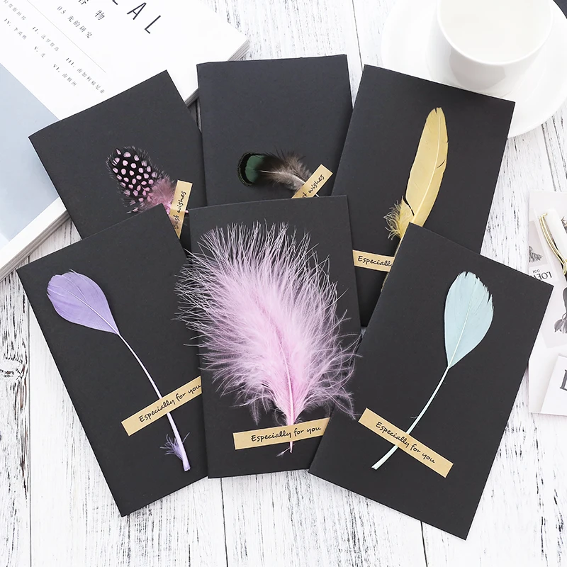 Black High-grade Stereoscopic card envelope 1pc True feathers greeting card invitation holding thanks you cards kawaii