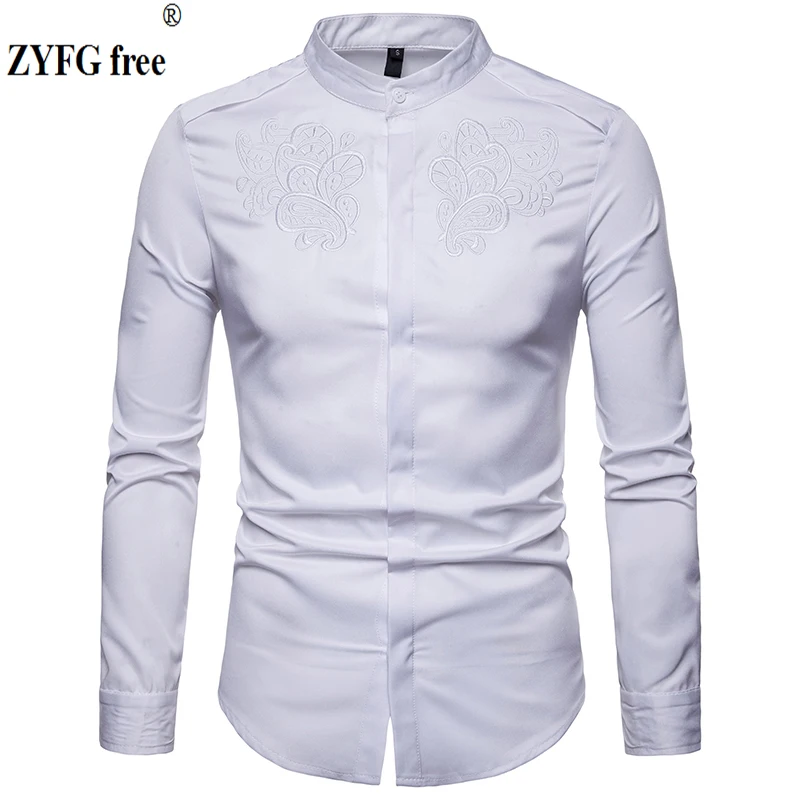 Новые мужские рубашки с длинным рукавом и стоячим воротником, Однотонная рубашка, блузка с вышивкой, элегантные мужские рубашки джентльмена