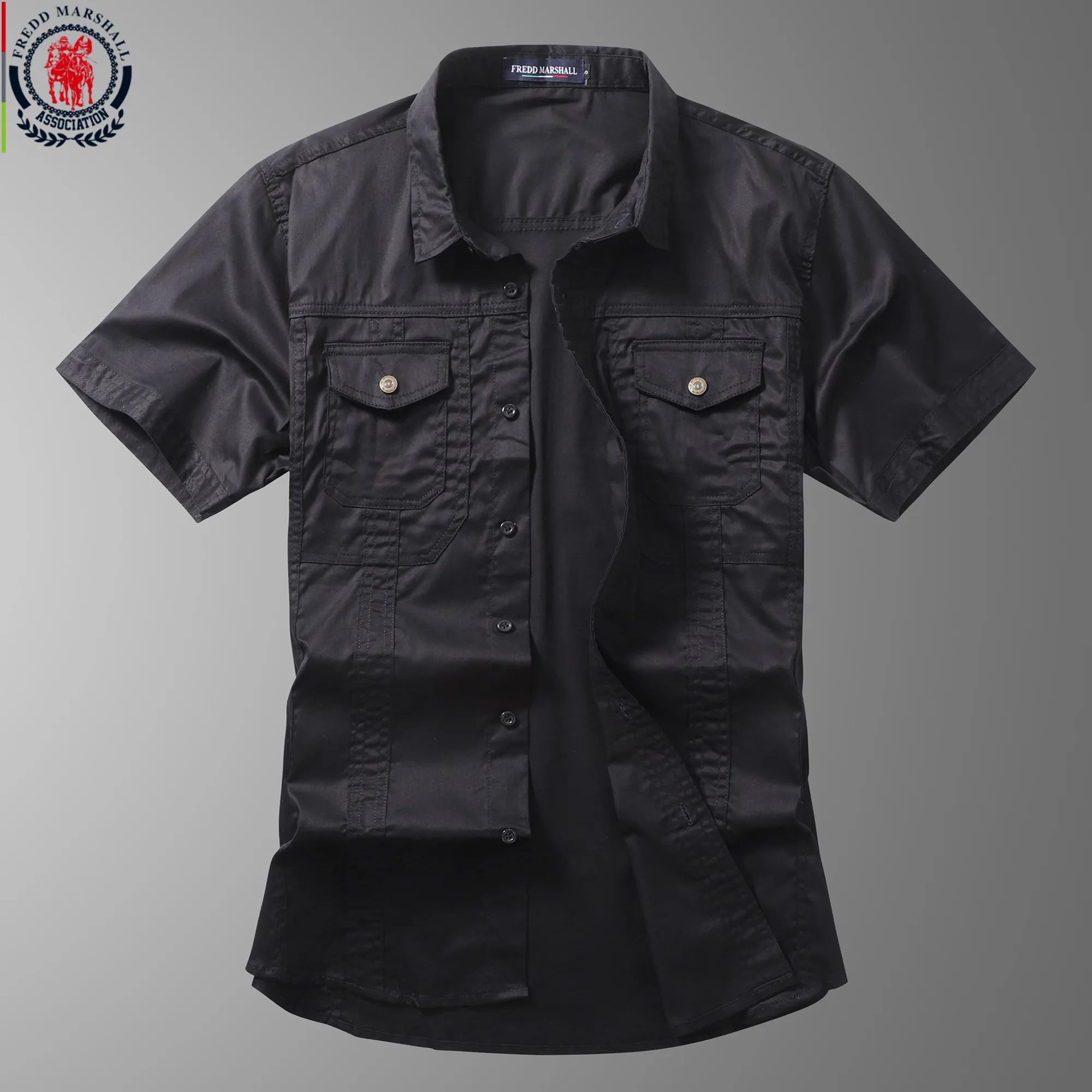 FREDD MARSHALL Summer Fashion Solid Color Denim Shirt Men Short Sleeve Business Casual Cargo Work Shirts Tops 56008