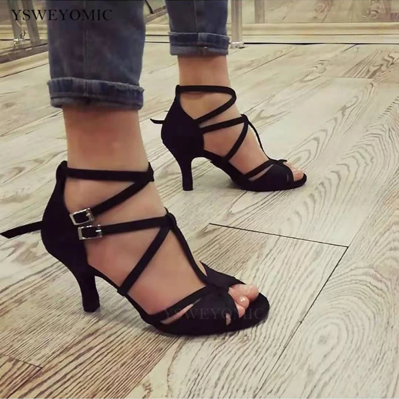 Salsa Dance Shoes Women 2021 New Style Black Satin 7cm Heel On Picture Suede Sole Indoor Ballroom Dance Shoes Latin Women woman beige black latin dance booties women open toe lace up stiletto bootie for girls suede sole high heel dance boots shoes