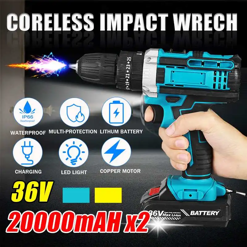 

25 Torque Electric drill Drilling Tool 36V Power-Drills Screwdriver Rechargeable Cordless Drill 20000mAh With 2 Li-ion Batte